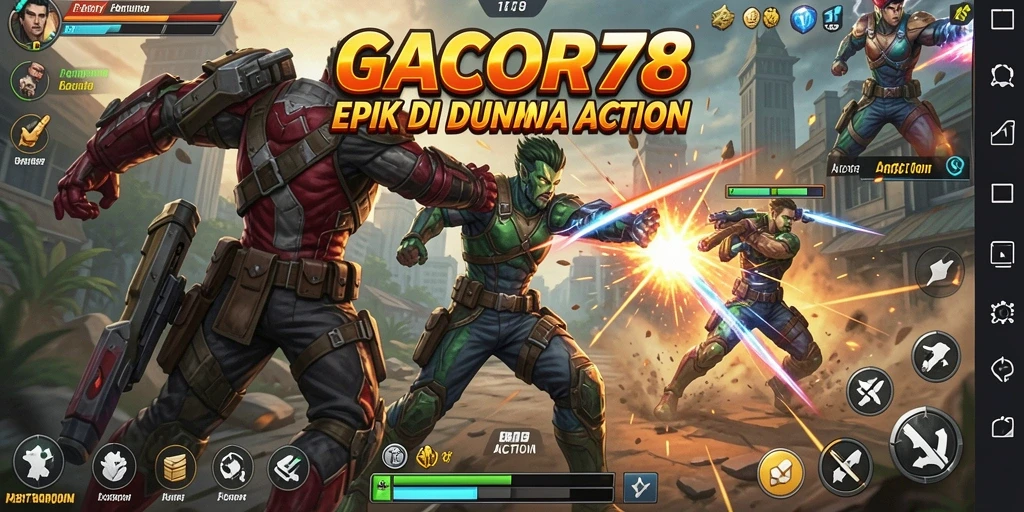 Screenshot utama GACOR78 menampilkan karakter bertarung dengan grafis premium.